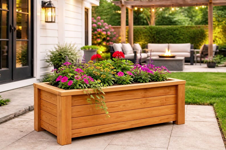 DIY raised planter box woodworking plans featuring a modern outdoor wooden planter with sturdy legs and clean horizontal slat design. Perfect for garden, patio, or backyard projects, this build showcases a durable and stylish raised garden bed ideal for flowers, herbs, or vegetables. Step-by-step DIY woodworking plans suitable for beginners and intermediate woodworkers looking to create a functional and decorative planter box.