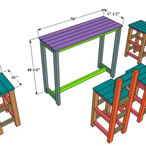 May include: A colorful wooden outdoor furniture set, including a table (50" long, 40 3/4" high) and three stools. The table has a purple top, green trim, and gray legs. The stools have teal tops and red, brown, and orange frames.