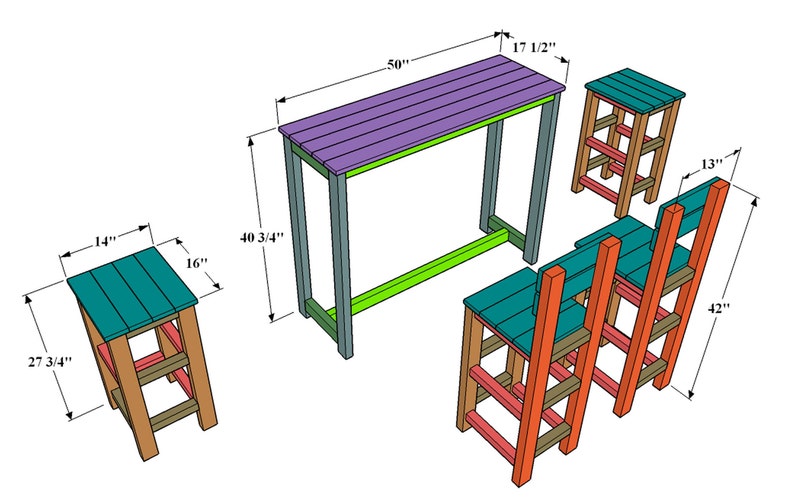 May include: A colorful wooden outdoor furniture set, including a table (50" long, 40 3/4" high) and three stools. The table has a purple top, green trim, and gray legs. The stools have teal tops and red, brown, and orange frames.