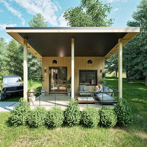 16x20 tiny house plans featuring a modern one-bedroom layout with open living room and kitchen, full bathroom with WC, and a spacious 200 sq ft covered porch with a sloped roof. DIY small house blueprint for affordable cabin, backyard guest house, minimalist living design, and easy construction. Printable architectural floor plan ideal for off-grid, ADU, or vacation tiny home builds.