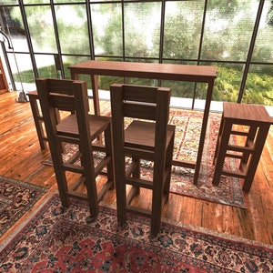 May include: A wooden dining set with a rectangular table and three bar stools. The set is made of dark wood and sits on a patterned rug. The room has large windows and a wooden floor.