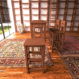 May include: A room with wooden furniture and oriental rugs. The room features two wooden stools, two wooden chairs, and a wooden table. The floor is made of wood. The room has large windows and bookshelves in the background.