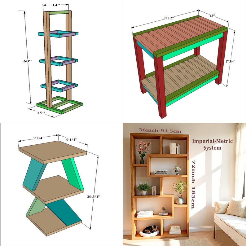 DIY indoor wood furniture plans featuring PDF woodworking plans for Coffee Table, Cat-Dog Bed with Bedside Table, Twin Bunk Loft Bed, Floating Nightstand, End Table, Bookshelf, Planting Shelf Stand, Side Table, Flower Pot Stand, Shower Bench, and Garage Shelf Plans. Perfect DIY furniture plans, weekend project, space-saving furniture, modern home décor, custom build, woodworking PDF, easy build, home improvement guide, interior design solutions.