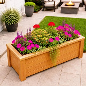 DIY raised planter box woodworking plans featuring a modern outdoor wooden planter with sturdy legs and clean horizontal slat design. Perfect for garden, patio, or backyard projects, this build showcases a durable and stylish raised garden bed ideal for flowers, herbs, or vegetables. Step-by-step DIY woodworking plans suitable for beginners and intermediate woodworkers looking to create a functional and decorative planter box.
