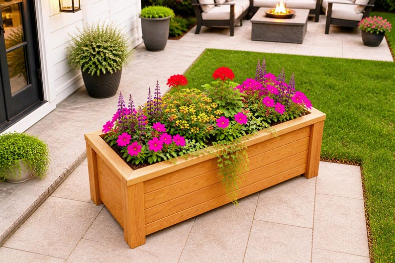 DIY raised planter box woodworking plans featuring a modern outdoor wooden planter with sturdy legs and clean horizontal slat design. Perfect for garden, patio, or backyard projects, this build showcases a durable and stylish raised garden bed ideal for flowers, herbs, or vegetables. Step-by-step DIY woodworking plans suitable for beginners and intermediate woodworkers looking to create a functional and decorative planter box.