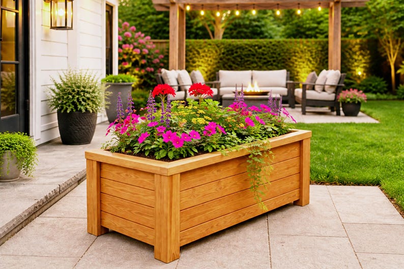 DIY raised planter box woodworking plans featuring a modern outdoor wooden planter with sturdy legs and clean horizontal slat design. Perfect for garden, patio, or backyard projects, this build showcases a durable and stylish raised garden bed ideal for flowers, herbs, or vegetables. Step-by-step DIY woodworking plans suitable for beginners and intermediate woodworkers looking to create a functional and decorative planter box.