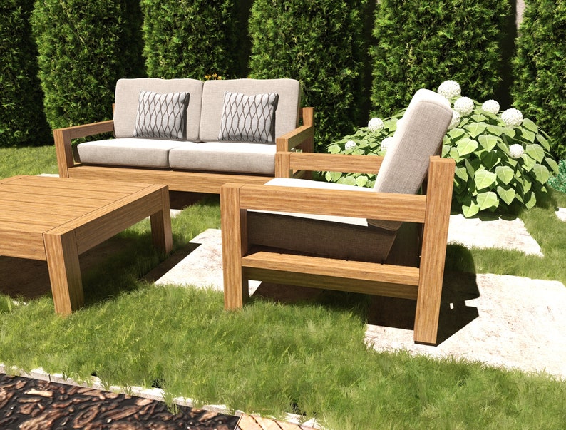 This picture features patio wooden seating set furniture. This patio set has one long, two single sofas, and one coffee table.