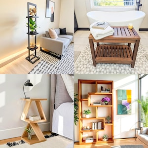 DIY indoor wood furniture plans featuring PDF woodworking plans for Coffee Table, Cat-Dog Bed with Bedside Table, Twin Bunk Loft Bed, Floating Nightstand, End Table, Bookshelf, Planting Shelf Stand, Side Table, Flower Pot Stand, Shower Bench, and Garage Shelf Plans. Perfect DIY furniture plans, weekend project, space-saving furniture, modern home décor, custom build, woodworking PDF, easy build, home improvement guide, interior design solutions.