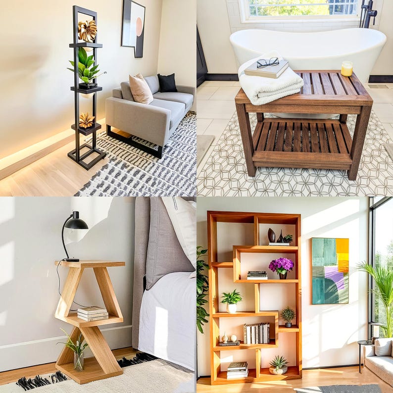 DIY indoor wood furniture plans featuring PDF woodworking plans for Coffee Table, Cat-Dog Bed with Bedside Table, Twin Bunk Loft Bed, Floating Nightstand, End Table, Bookshelf, Planting Shelf Stand, Side Table, Flower Pot Stand, Shower Bench, and Garage Shelf Plans. Perfect DIY furniture plans, weekend project, space-saving furniture, modern home décor, custom build, woodworking PDF, easy build, home improvement guide, interior design solutions.