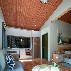 16x20 tiny house plans featuring a modern one-bedroom layout with open living room and kitchen, full bathroom with WC, and a spacious 200 sq ft covered porch with a sloped roof. DIY small house blueprint for affordable cabin, backyard guest house, minimalist living design, and easy construction. Printable architectural floor plan ideal for off-grid, ADU, or vacation tiny home builds.