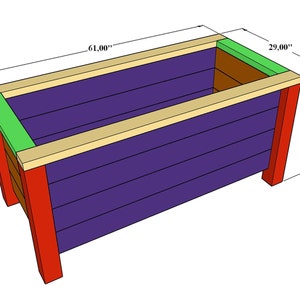 DIY raised planter box woodworking plans made from 2x4, 4x4, and 2x6 lumber. Perfect for outdoor gardens, patios, and backyard spaces to grow vegetables, herbs, and flowers. Includes detailed step-by-step PDF build guide for beginners and woodworking lovers. Create a durable, elevated wooden garden bed with a modern look using simple tools. Digital download only, easy to build with affordable materials. The planter is 61 inches long, 29 inches wide, and 27.5 inches tall.