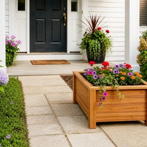 DIY raised planter box woodworking plans featuring a modern outdoor wooden planter with sturdy legs and clean horizontal slat design. Perfect for garden, patio, or backyard projects, this build showcases a durable and stylish raised garden bed ideal for flowers, herbs, or vegetables. Step-by-step DIY woodworking plans suitable for beginners and intermediate woodworkers looking to create a functional and decorative planter box.