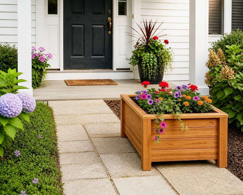 DIY raised planter box woodworking plans featuring a modern outdoor wooden planter with sturdy legs and clean horizontal slat design. Perfect for garden, patio, or backyard projects, this build showcases a durable and stylish raised garden bed ideal for flowers, herbs, or vegetables. Step-by-step DIY woodworking plans suitable for beginners and intermediate woodworkers looking to create a functional and decorative planter box.