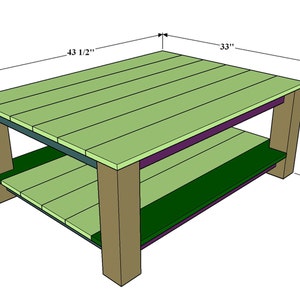 DIY Farmhouse Coffee Table Build Plans for beginners and advanced woodworkers. Detailed woodworking plans with step-by-step instructions to build a rustic farmhouse-style coffee table using common tools and lumber. Perfect woodworking project for living room furniture, home decor, and DIY home improvement enthusiasts. Includes measurements, cut list, and joinery details for a sturdy wooden table.
Overall dimensions: H 17.75 inches, D 33 inches, W 41.5 inches