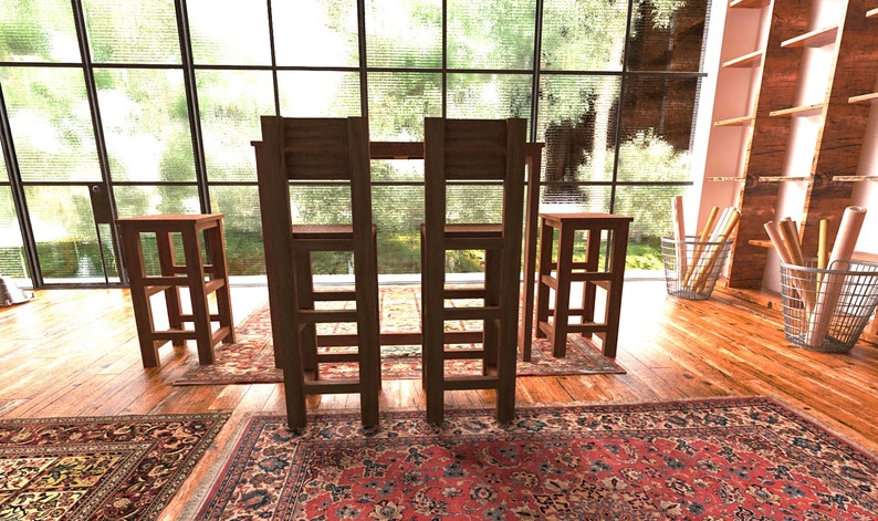 May include: A dining set with a rectangular table and four matching chairs. The chairs have a ladder-back design. Two smaller stools are also present. The set is made of dark wood and sits on a patterned rug.