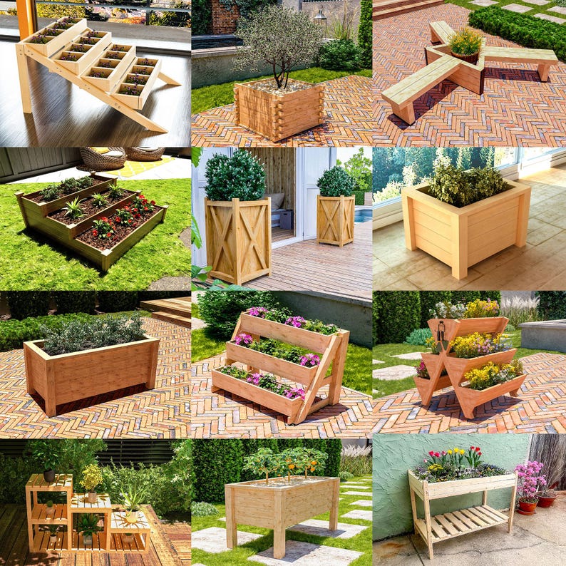 High-quality PDF plans for building 12 DIY raised garden planter boxes with clear, 3D diagrams, detailed technical drawings, complete materials and tool lists, and precise cut lists. Designed for standard lumber, these step-by-step blueprints guide beginners and experienced woodworkers through constructing sturdy herb, flower, and vegetable beds. Perfect for patios, balconies, decks, and small gardens, these versatile designs maximize space, improve drainage, and enhance outdoor aesthetics.