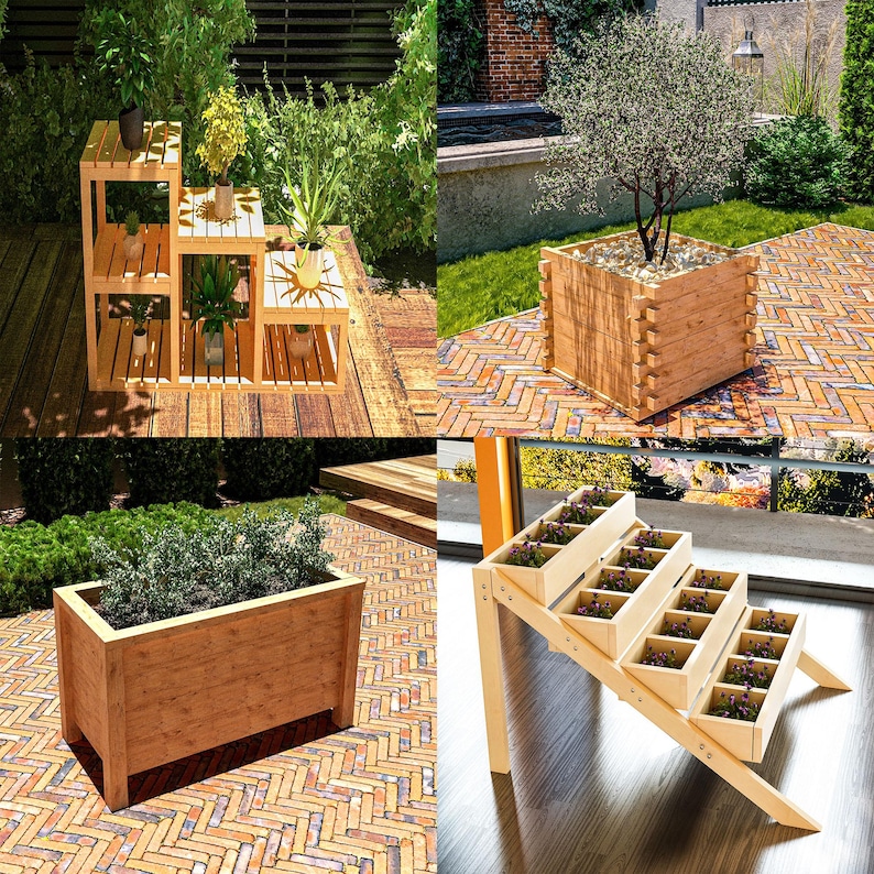 High-quality PDF plans for building 12 DIY raised garden planter boxes with clear, 3D diagrams, detailed technical drawings, complete materials and tool lists, and precise cut lists. Designed for standard lumber, these step-by-step blueprints guide beginners and experienced woodworkers through constructing sturdy herb, flower, and vegetable beds. Perfect for patios, balconies, decks, and small gardens, these versatile designs maximize space, improve drainage, and enhance outdoor aesthetics.