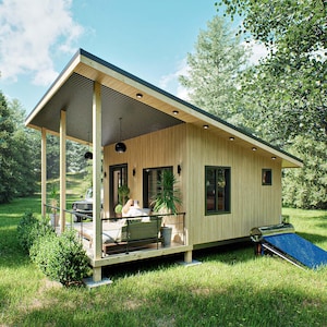 16x20 tiny house plans featuring a modern one-bedroom layout with open living room and kitchen, full bathroom with WC, and a spacious 200 sq ft covered porch with a sloped roof. DIY small house blueprint for affordable cabin, backyard guest house, minimalist living design, and easy construction. Printable architectural floor plan ideal for off-grid, ADU, or vacation tiny home builds.