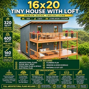 16x20 Tiny House Plans with Loft: 1 Bed, 1 Bath, ADU Cabin Blueprint (PDF Download)