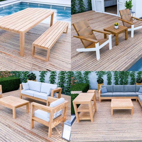 DIY Woodworking Outdoor Furniture Plans, Patio Sofa Set Plans, Picnic Table Plans, Dining Table Plans, Adirondack Chair Plans, Easy Build