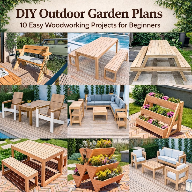 10 best-selling DIY woodworking build plans bundle with sectional sofa set, outdoor sofa set, picnic table, planter box, Leopold bench, floating nightstand, and Adirondack chair plans. Beginner-friendly and pro-approved step-by-step guides for outdoor and indoor furniture. Perfect for garden, patio, and home woodworking projects. Instant digital download for workshop builders.