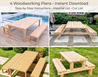 DIY Wooden Picnic Table Plans Bundle: Modern Outdoor Garden Table Build Guide (PDF Download)