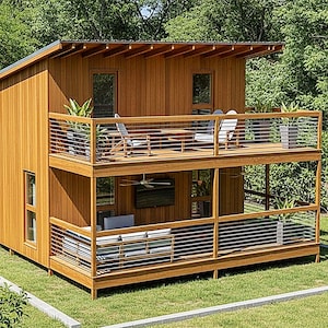 Modern tiny house plans with loft and spacious covered porches, perfect for small living enthusiasts. This 16x20 tiny home floor plan includes a functional 2-bedroom, 1-Bath, 1-Kitchen, open living space, and outdoor deck areas for relaxing. Ideal for anyone searching for small cabin designs, affordable housing solutions, or minimalist living ideas. Downloadable PDF building plans for easy construction.