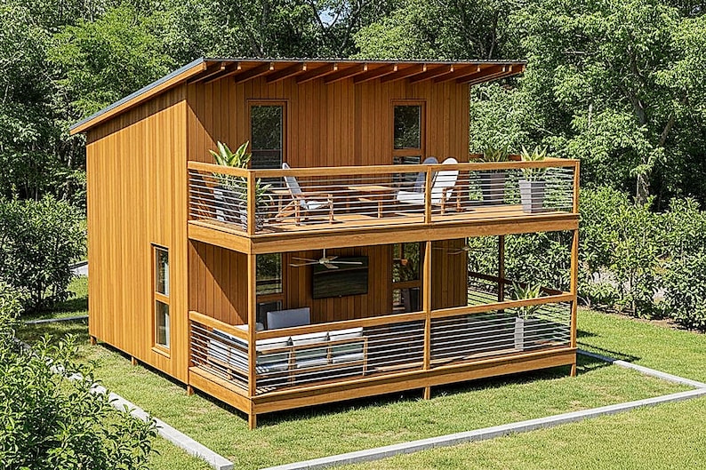 Modern tiny house plans with loft and spacious covered porches, perfect for small living enthusiasts. This 16x20 tiny home floor plan includes a functional 2-bedroom, 1-Bath, 1-Kitchen, open living space, and outdoor deck areas for relaxing. Ideal for anyone searching for small cabin designs, affordable housing solutions, or minimalist living ideas. Downloadable PDF building plans for easy construction.