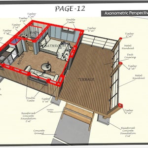 16x20 tiny house plans featuring a modern one-bedroom layout with open living room and kitchen, full bathroom with WC, and a spacious 200 sq ft covered porch with a sloped roof. DIY small house blueprint for affordable cabin, backyard guest house, minimalist living design, and easy construction. Printable architectural floor plan ideal for off-grid, ADU, or vacation tiny home builds.