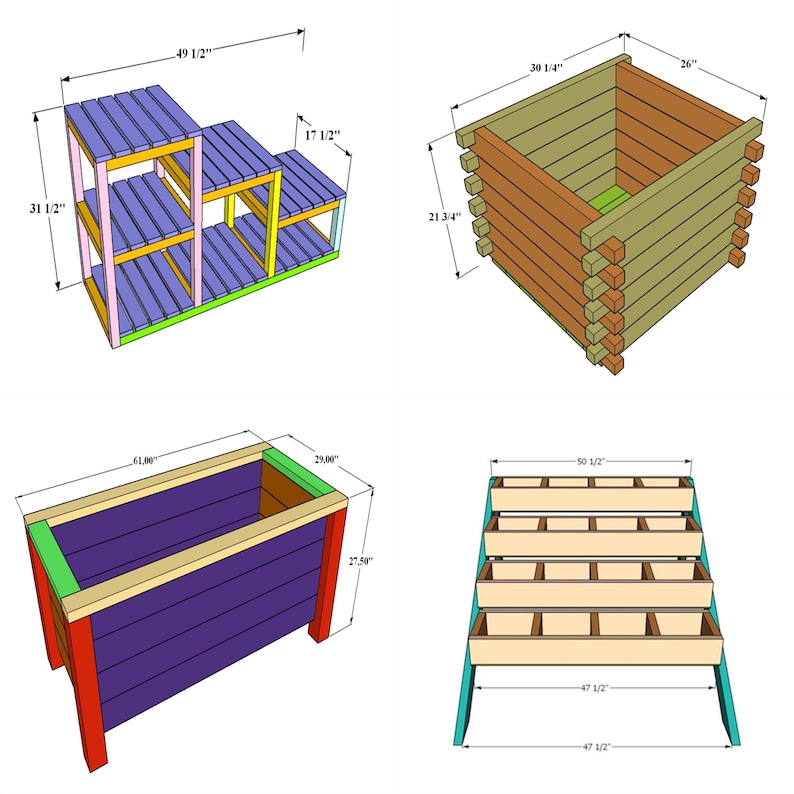 High-quality PDF plans for building 12 DIY raised garden planter boxes with clear, 3D diagrams, detailed technical drawings, complete materials and tool lists, and precise cut lists. Designed for standard lumber, these step-by-step blueprints guide beginners and experienced woodworkers through constructing sturdy herb, flower, and vegetable beds. Perfect for patios, balconies, decks, and small gardens, these versatile designs maximize space, improve drainage, and enhance outdoor aesthetics.