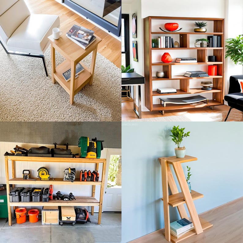 DIY indoor wood furniture plans featuring PDF woodworking plans for Coffee Table, Cat-Dog Bed with Bedside Table, Twin Bunk Loft Bed, Floating Nightstand, End Table, Bookshelf, Planting Shelf Stand, Side Table, Flower Pot Stand, Shower Bench, and Garage Shelf Plans. Perfect DIY furniture plans, weekend project, space-saving furniture, modern home décor, custom build, woodworking PDF, easy build, home improvement guide, interior design solutions.