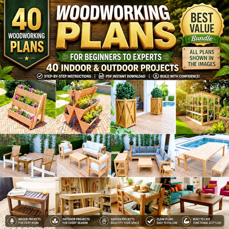 Discover a complete 40-plan DIY woodworking set for interior and exterior furniture. Includes printable construction blueprints for outdoor dining tables, picnic benches, Adirondack chairs, planter boxes, sectional sofa and sofa sets, garage storage shelves, and custom wood shelving. Perfect DIY woodworker resource offering step-by-step instructions, materials list, and cut diagrams. Great for backyard projects, home upgrades, furniture building, woodworking plans bundle. Instant PDF download.