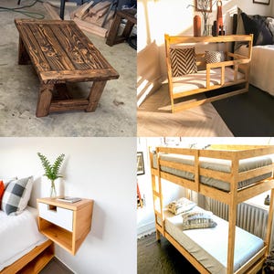 DIY indoor wood furniture plans featuring PDF woodworking plans for Coffee Table, Cat-Dog Bed with Bedside Table, Twin Bunk Loft Bed, Floating Nightstand, End Table, Bookshelf, Planting Shelf Stand, Side Table, Flower Pot Stand, Shower Bench, and Garage Shelf Plans. Perfect DIY furniture plans, weekend project, space-saving furniture, modern home décor, custom build, woodworking PDF, easy build, home improvement guide, interior design solutions.
