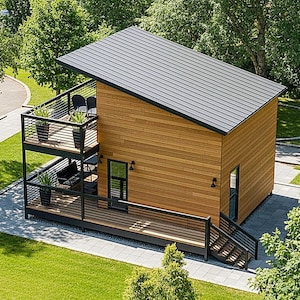 Modern tiny house plans with loft and spacious covered porches, perfect for small living enthusiasts. This 16x20 tiny home floor plan includes a functional 2-bedroom, 1-Bath, 1-Kitchen, open living space, and outdoor deck areas for relaxing. Ideal for anyone searching for small cabin designs, affordable housing solutions, or minimalist living ideas. Downloadable PDF building plans for easy construction.