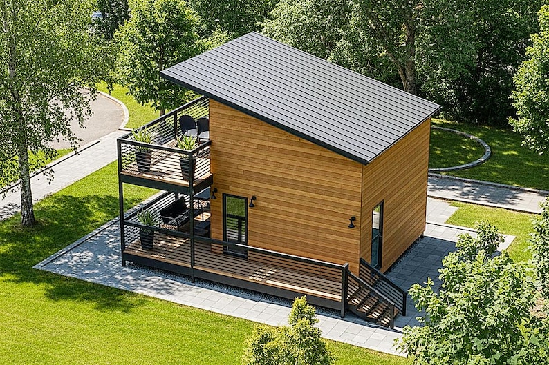 Modern tiny house plans with loft and spacious covered porches, perfect for small living enthusiasts. This 16x20 tiny home floor plan includes a functional 2-bedroom, 1-Bath, 1-Kitchen, open living space, and outdoor deck areas for relaxing. Ideal for anyone searching for small cabin designs, affordable housing solutions, or minimalist living ideas. Downloadable PDF building plans for easy construction.