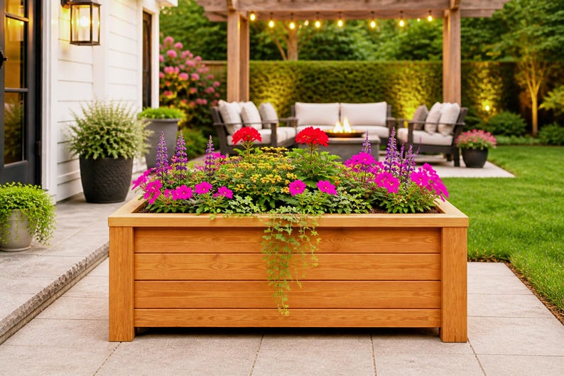 DIY raised planter box woodworking plans featuring a modern outdoor wooden planter with sturdy legs and clean horizontal slat design. Perfect for garden, patio, or backyard projects, this build showcases a durable and stylish raised garden bed ideal for flowers, herbs, or vegetables. Step-by-step DIY woodworking plans suitable for beginners and intermediate woodworkers looking to create a functional and decorative planter box.