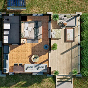 16x20 tiny house plans featuring a modern one-bedroom layout with open living room and kitchen, full bathroom with WC, and a spacious 200 sq ft covered porch with a sloped roof. DIY small house blueprint for affordable cabin, backyard guest house, minimalist living design, and easy construction. Printable architectural floor plan ideal for off-grid, ADU, or vacation tiny home builds.