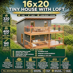 Modern tiny house plans with loft and spacious covered porches, perfect for small living enthusiasts. This 16x20 tiny home floor plan includes a functional 2-bedroom, 1-Bath, 1-Kitchen, open living space, and outdoor deck areas for relaxing. Ideal for anyone searching for small cabin designs, affordable housing solutions, or minimalist living ideas. Downloadable PDF building plans for easy construction.