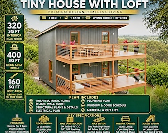 16x20 Tiny House Plans with Loft: 1 Bed, 1 Bath, ADU Cabin Blueprint (PDF Download)