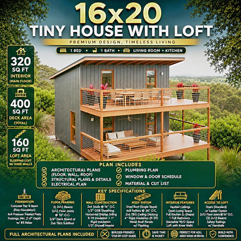 Modern tiny house plans with loft and spacious covered porches, perfect for small living enthusiasts. This 16x20 tiny home floor plan includes a functional 2-bedroom, 1-Bath, 1-Kitchen, open living space, and outdoor deck areas for relaxing. Ideal for anyone searching for small cabin designs, affordable housing solutions, or minimalist living ideas. Downloadable PDF building plans for easy construction.