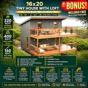 May include: A 16x20 tiny house with a loft, featuring a dark gray exterior, two-level wooden decks, and large windows. The image includes text detailing 320 sq ft interior, 400 sq ft deck area, 160 sq ft loft, and comprehensive architectural plans.