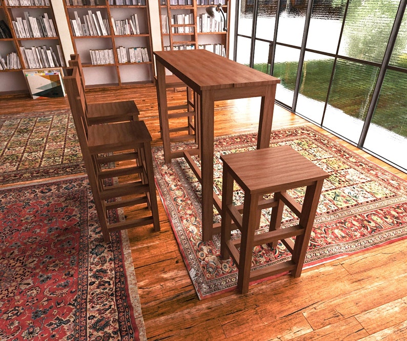 May include: A wooden bar table and two matching bar stools are set on a patterned rug in a room with a large window. The table has a rectangular top and a lower shelf. The stools have square seats and ladder-style backs.