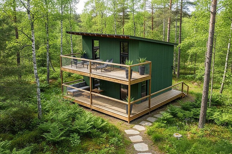 Modern tiny house plans with loft and spacious covered porches, perfect for small living enthusiasts. This 16x20 tiny home floor plan includes a functional 2-bedroom, 1-Bath, 1-Kitchen, open living space, and outdoor deck areas for relaxing. Ideal for anyone searching for small cabin designs, affordable housing solutions, or minimalist living ideas. Downloadable PDF building plans for easy construction.