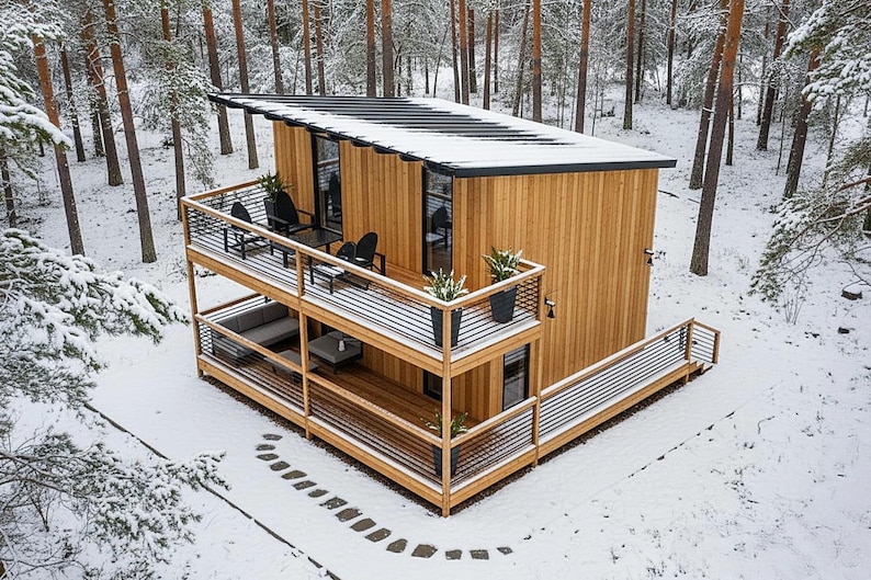 Modern tiny house plans with loft and spacious covered porches, perfect for small living enthusiasts. This 16x20 tiny home floor plan includes a functional 2-bedroom, 1-Bath, 1-Kitchen, open living space, and outdoor deck areas for relaxing. Ideal for anyone searching for small cabin designs, affordable housing solutions, or minimalist living ideas. Downloadable PDF building plans for easy construction.