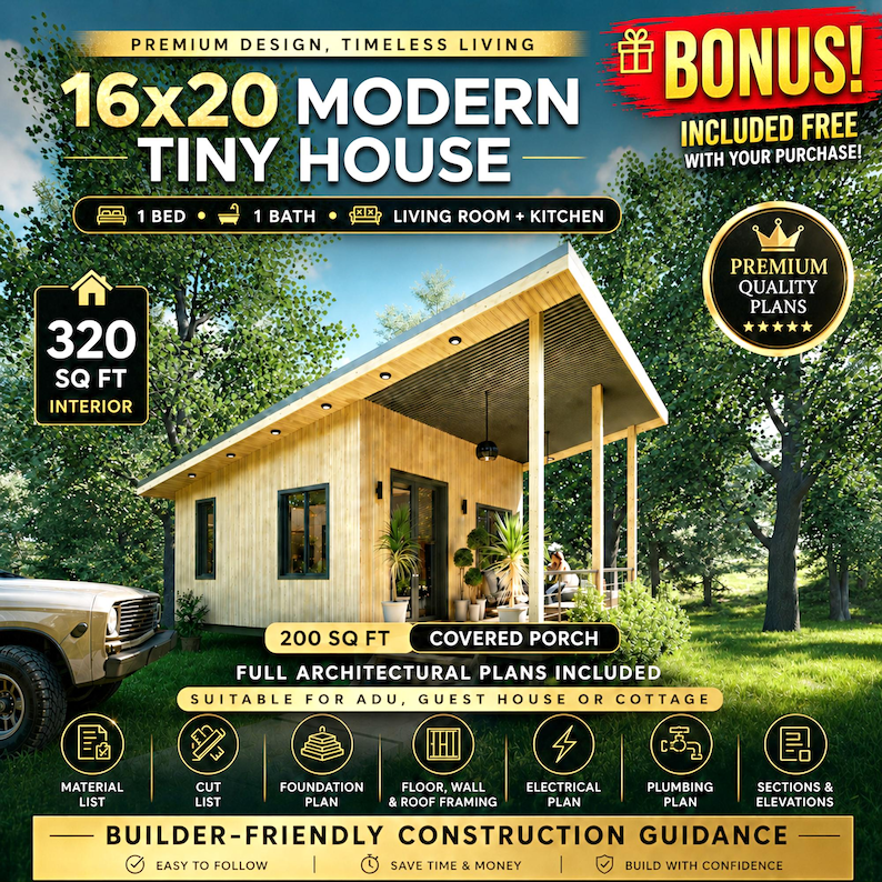 Modern tiny house plans with loft and spacious covered porches, perfect for small living enthusiasts. This 16x20 tiny home floor plan includes a functional 2-bedroom, 1-Bath, 1-Kitchen, open living space, and outdoor deck areas for relaxing. Ideal for anyone searching for small cabin designs, affordable housing solutions, or minimalist living ideas. Downloadable PDF building plans for easy construction.