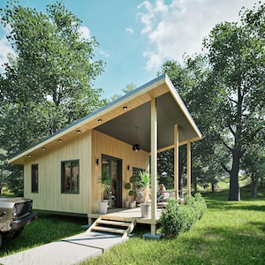 16x20 tiny house plans featuring a modern one-bedroom layout with open living room and kitchen, full bathroom with WC, and a spacious 200 sq ft covered porch with a sloped roof. DIY small house blueprint for affordable cabin, backyard guest house, minimalist living design, and easy construction. Printable architectural floor plan ideal for off-grid, ADU, or vacation tiny home builds.