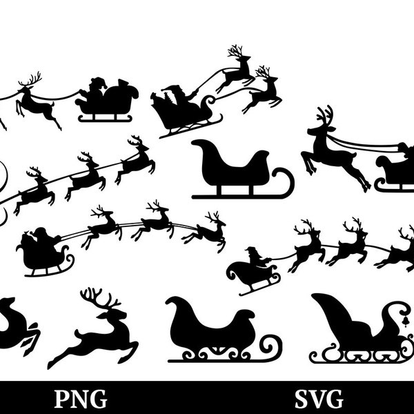 Le traîneau du Père Noël SVG, Silhouette de renne, SVG de Noël, SVG du Père Noël, Clipart de renne, Svg de vacances, Cricut, Silhouette, Png, Fichiers coupés