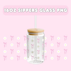 Envoltura de lata de vidrio con lazos y margaritas rosas para niñas, diseño de taza de vidrio de 16 oz, descarga digital, envoltura estética para taza de café, PNG de sublimación