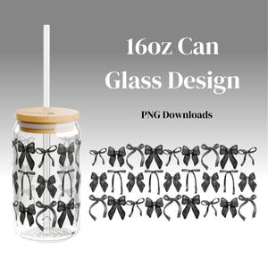 May include: A clear glass can with a bamboo lid and a white straw. The glass is decorated with black bows. The text "16oz Can Glass Design" and "PNG Downloads" are also visible.