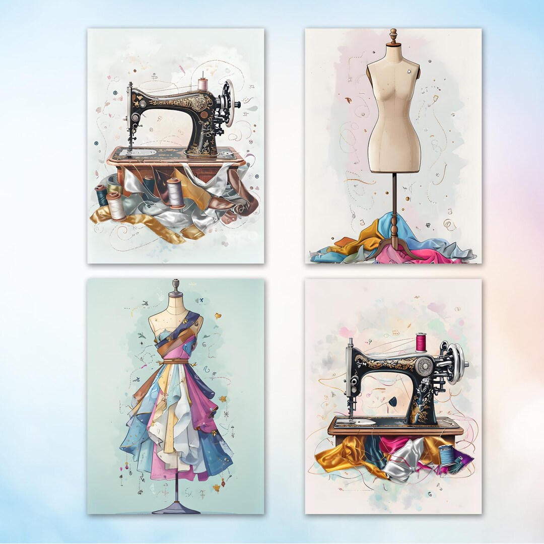 Sweing Machine Dress Vintage Sewing Room Decor: Watercolor Sewing Machine & Dress Form ...